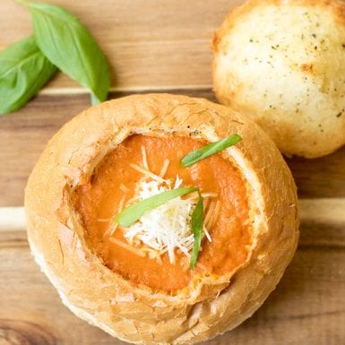 Tomato Soup in a Garlic Bread Bowl