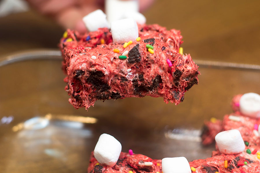 Strawberry Oreo Krispie Treats are an easy dessert with Chef Shamy’s Strawberry Honey Butter.