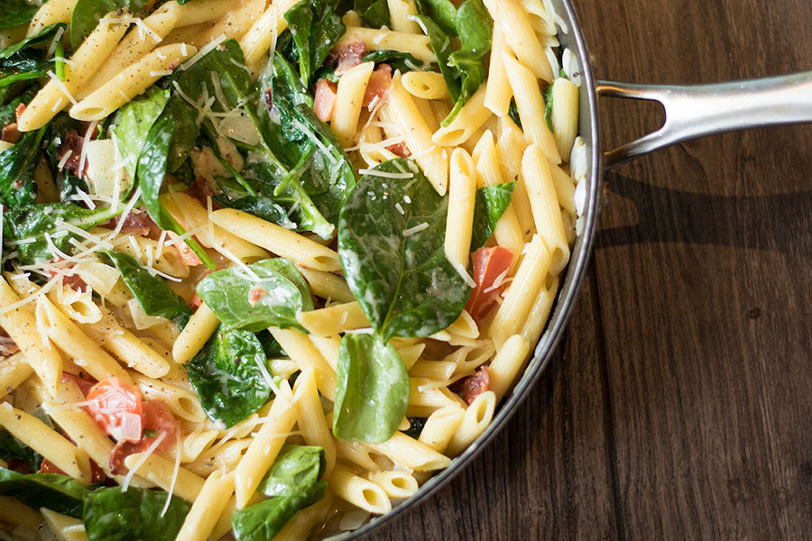 Bacon Spinach Tomato Penne Pasta with Parmesan