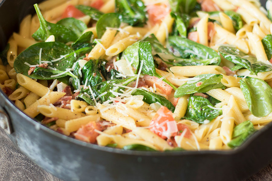 Bacon Spinach Tomato Penne Pasta with Parmesan
