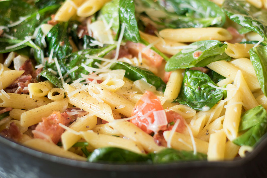 Bacon Spinach Tomato Penne Pasta with Parmesan