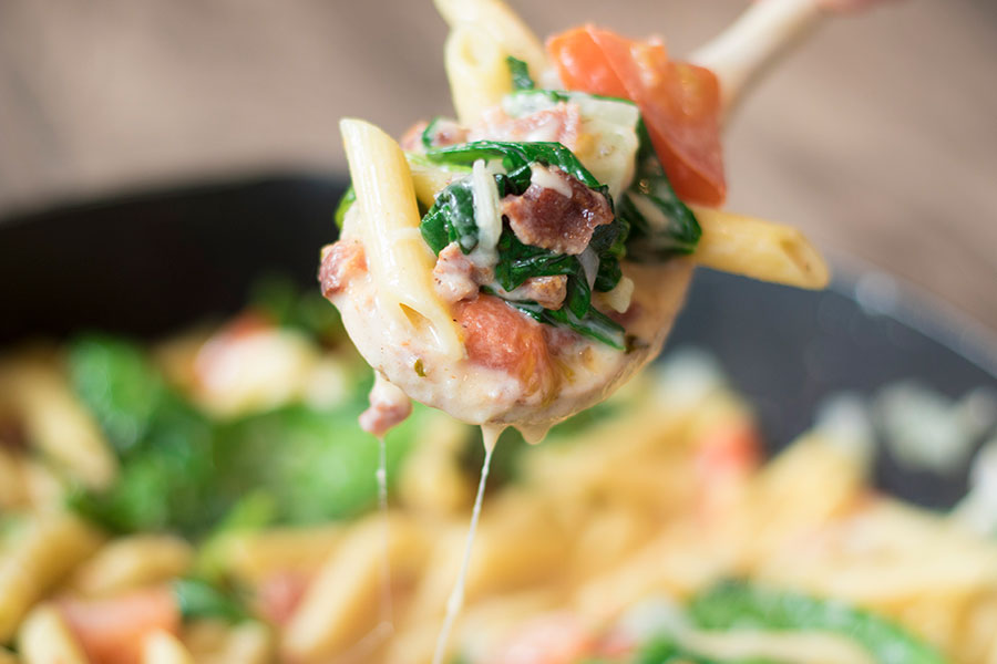 Bacon Spinach Tomato Penne Pasta with Parmesan