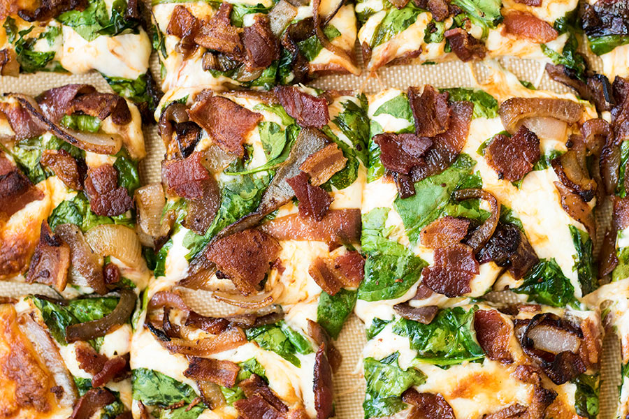 Caramelized Onion Spinach and Bacon Pizza