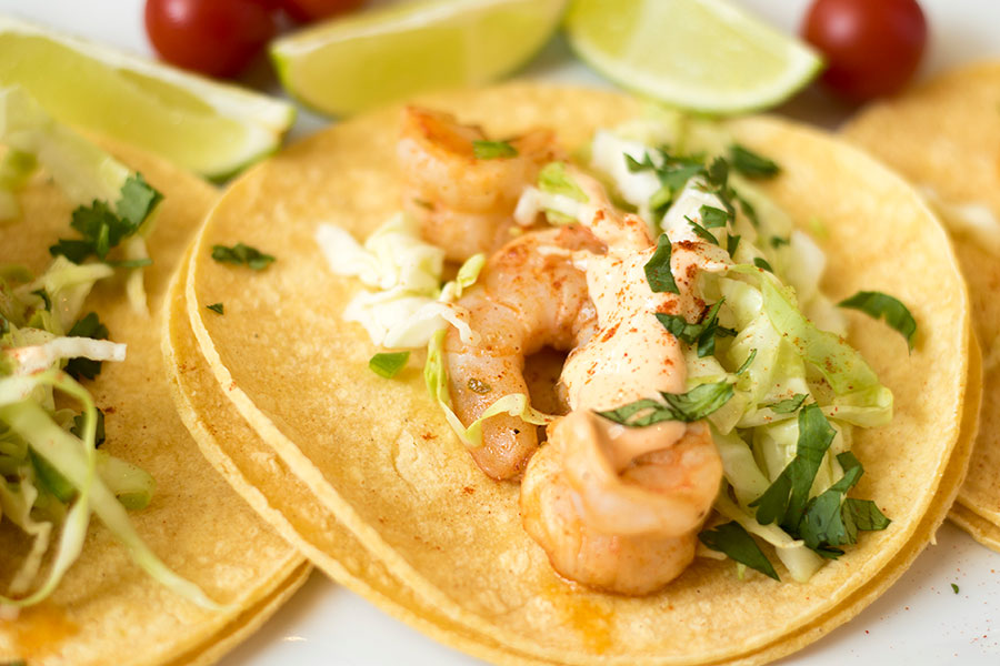 Shrimp Tacos with Spicy Sauce and Cabbage Slaw