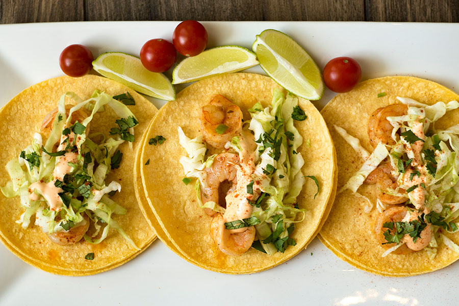 Shrimp Tacos with Spicy Sauce and Cabbage Slaw