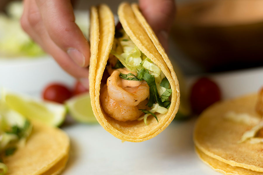 Shrimp Tacos with Spicy Sauce and Cabbage Slaw